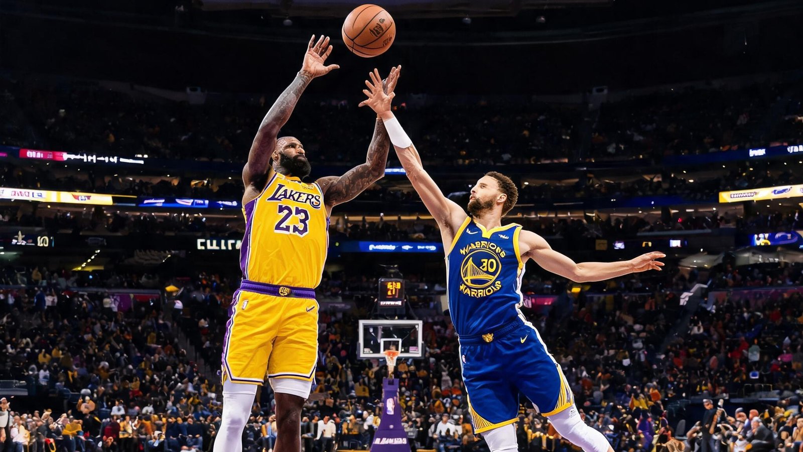 NBA常规赛洛杉矶湖人队对阵金州勇士队，球员在球场上激烈拼抢，大屏幕显示比分